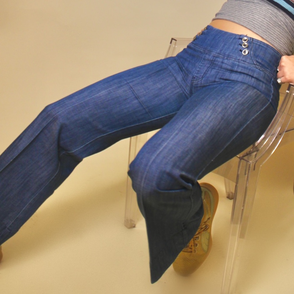 Pleated Flare Jeans with Accessorized Buttons